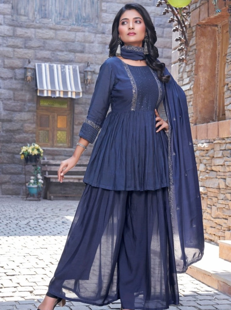 Blue Muslin Fusion Party Wear Suit Set - Payal