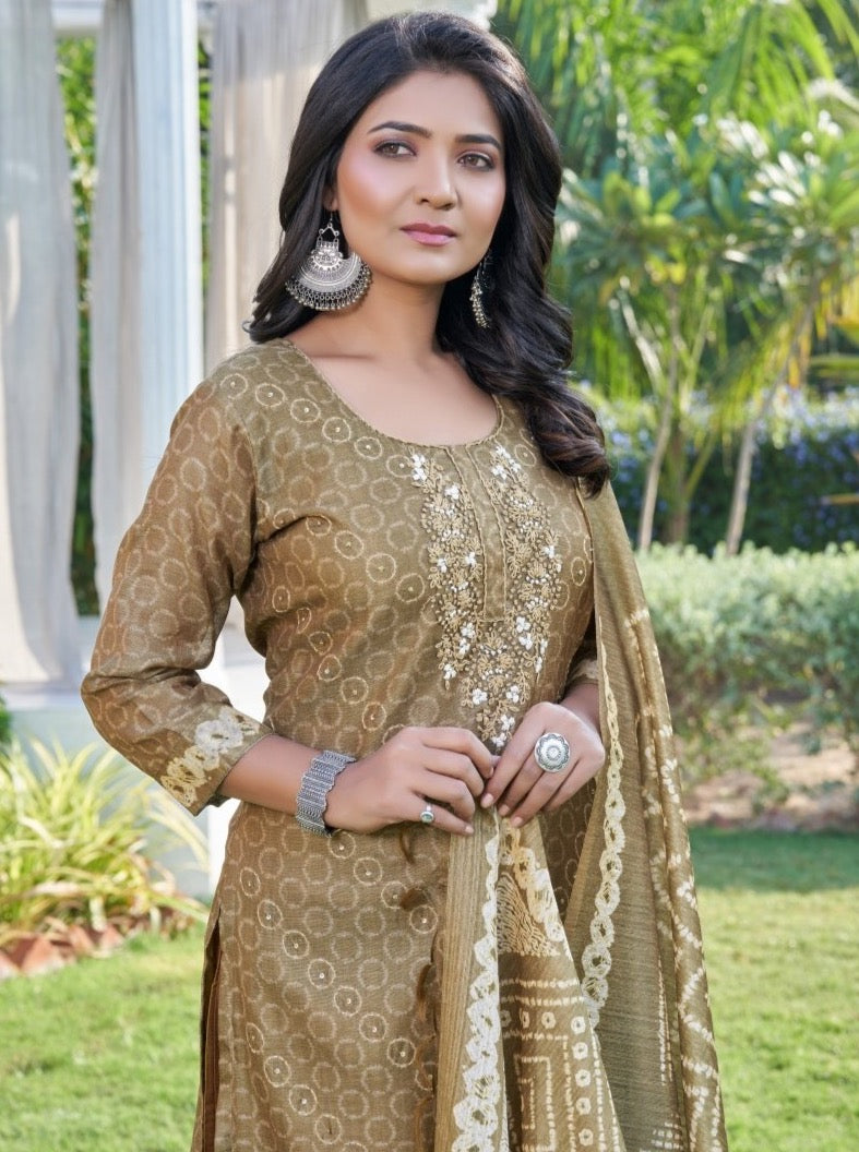 Coffee Art Silk Semi Formal Straight Suit Set - Payal