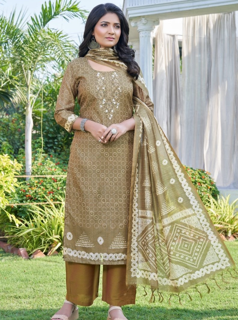 Coffee Art Silk Semi Formal Straight Suit Set - Payal
