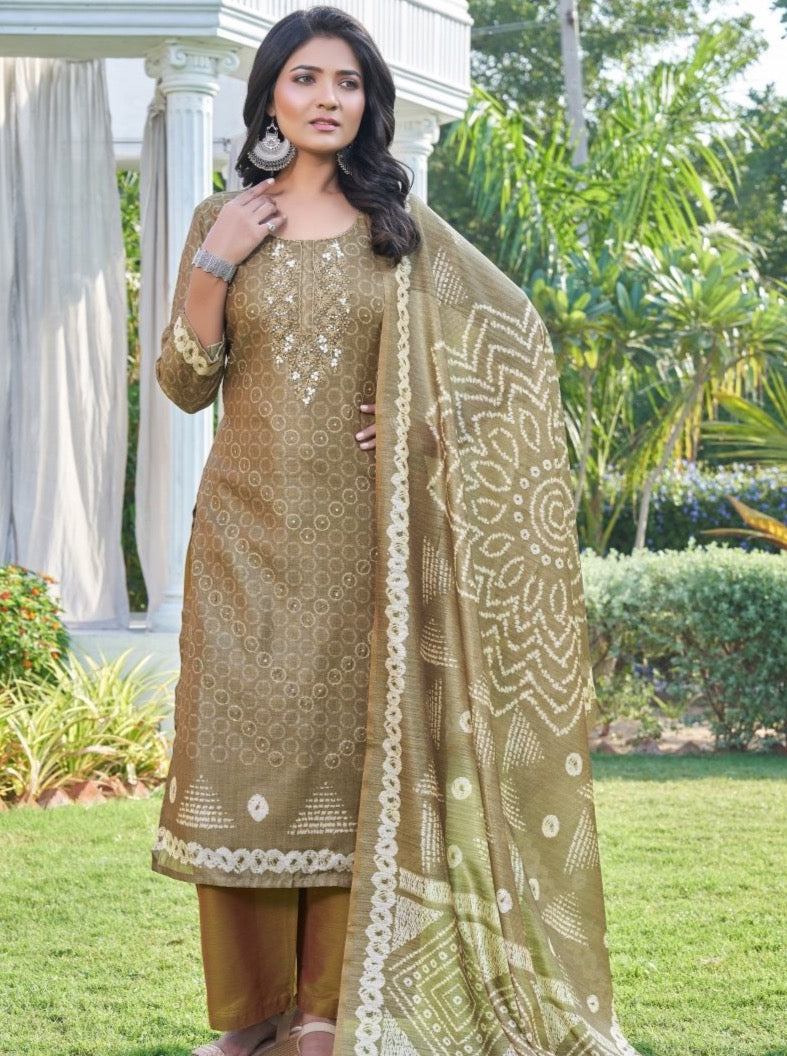 Coffee Art Silk Semi Formal Straight Suit Set - Payal