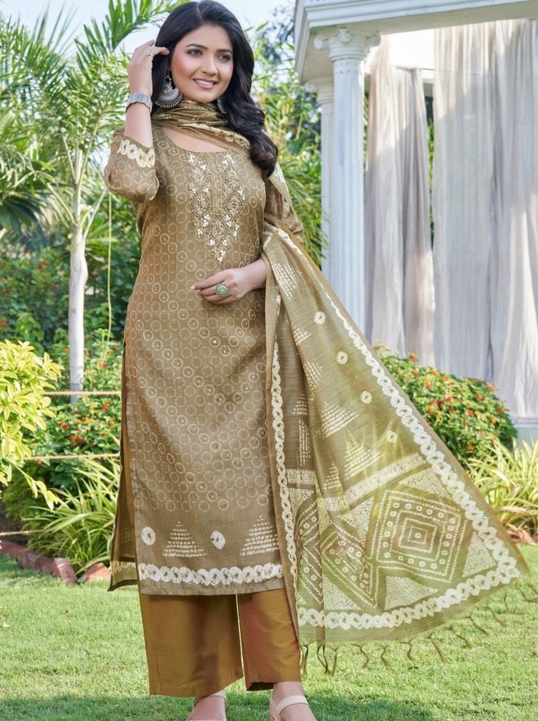 Coffee Art Silk Semi Formal Straight Suit Set - Payal