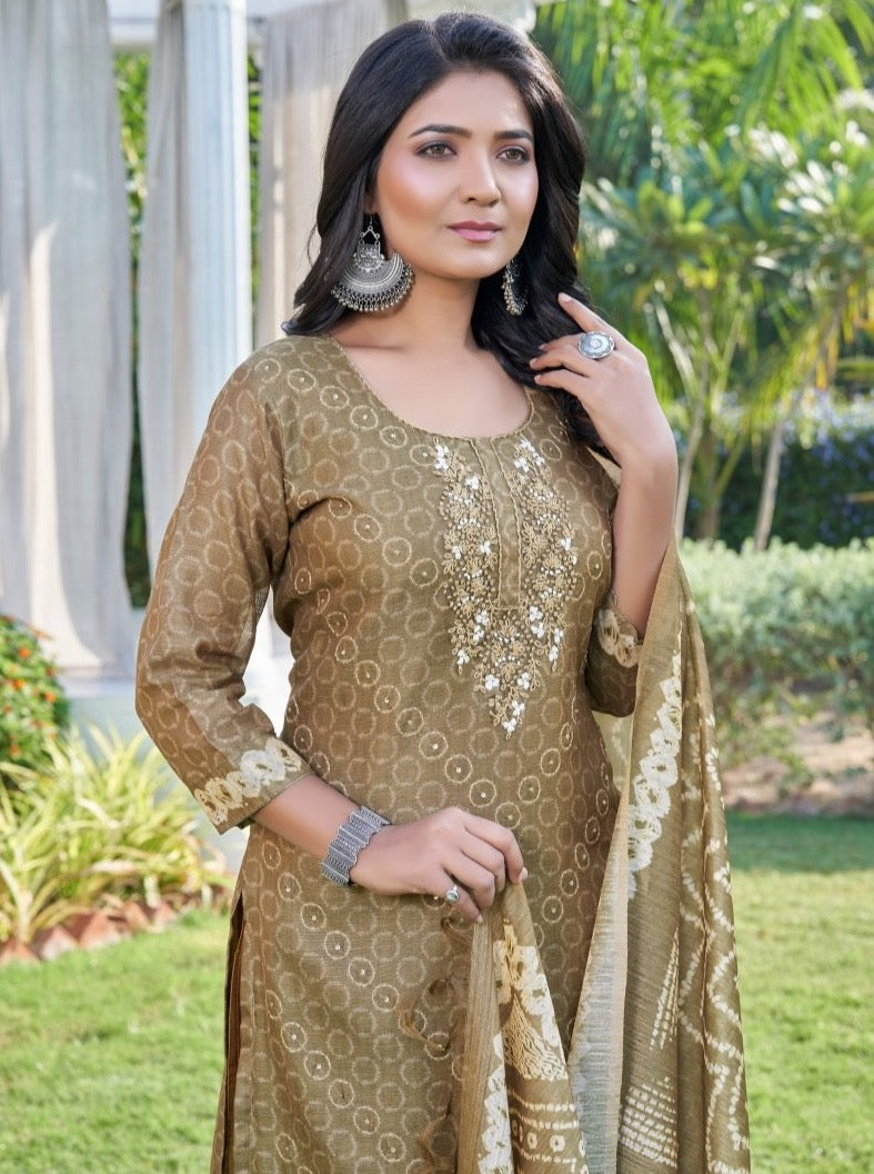 Coffee Art Silk Semi Formal Straight Suit Set - Payal