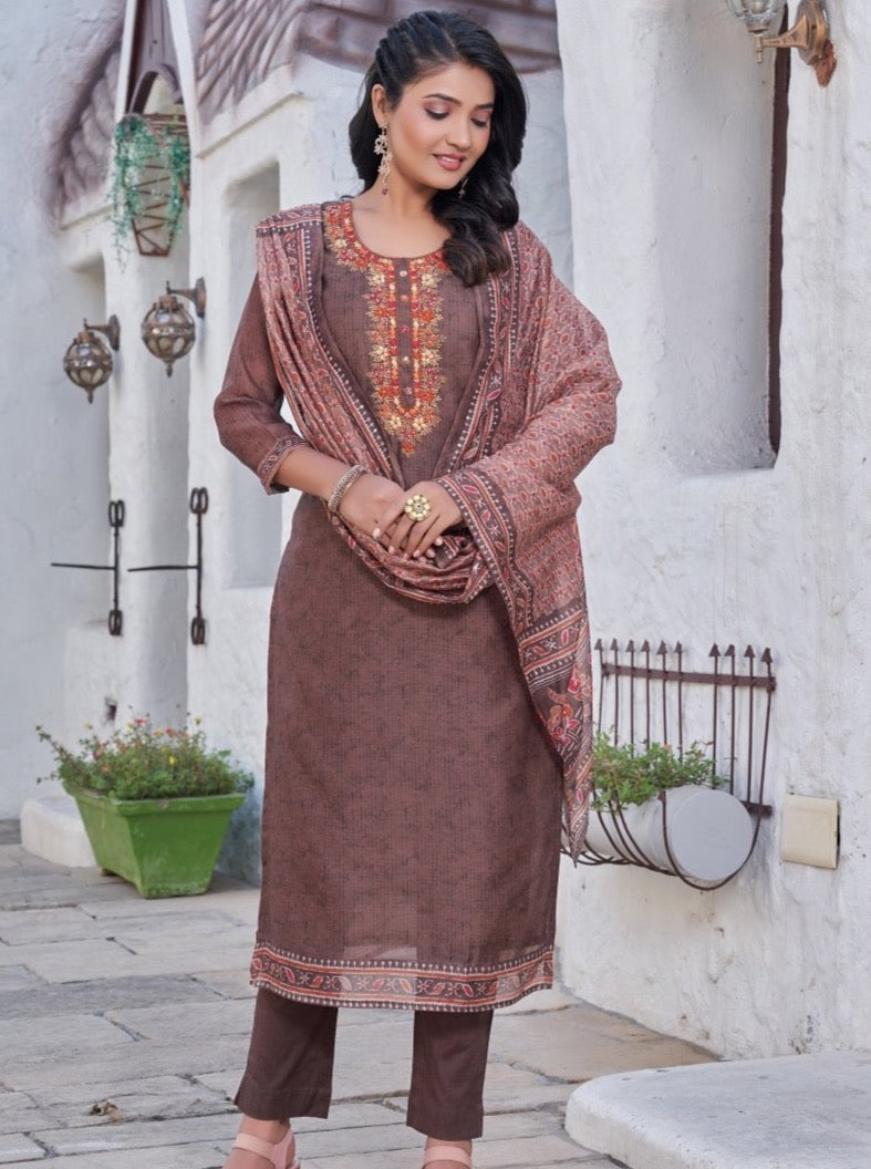 Coffee Chanderi Straight Suit Set - Payal