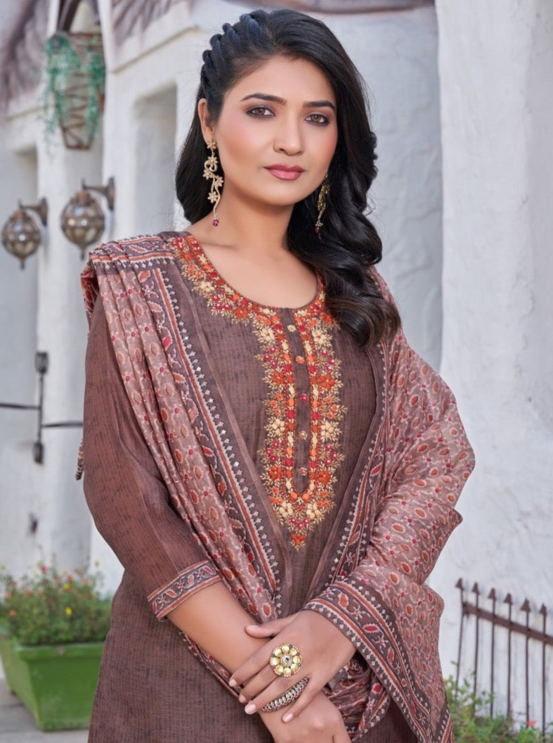 Coffee Chanderi Straight Suit Set - Payal