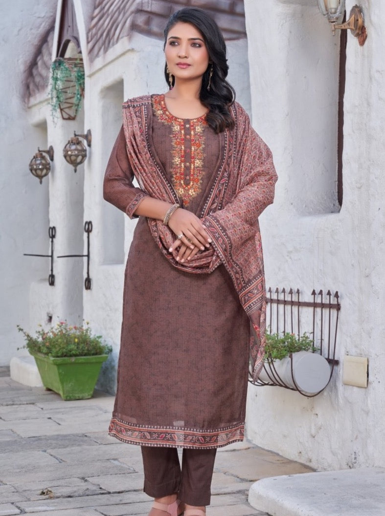 Coffee Chanderi Straight Suit Set - Payal