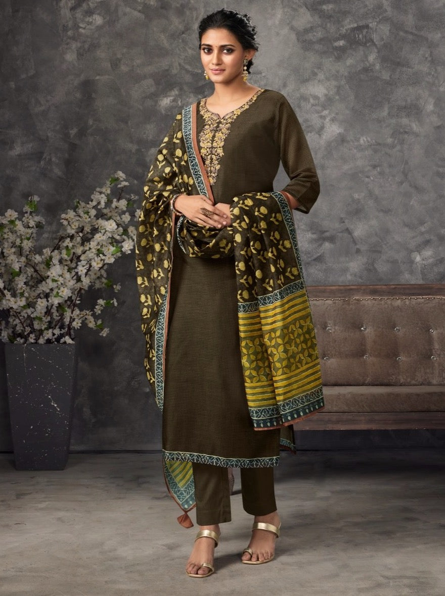 Coffee Cotton Straight Suit Set - Payal