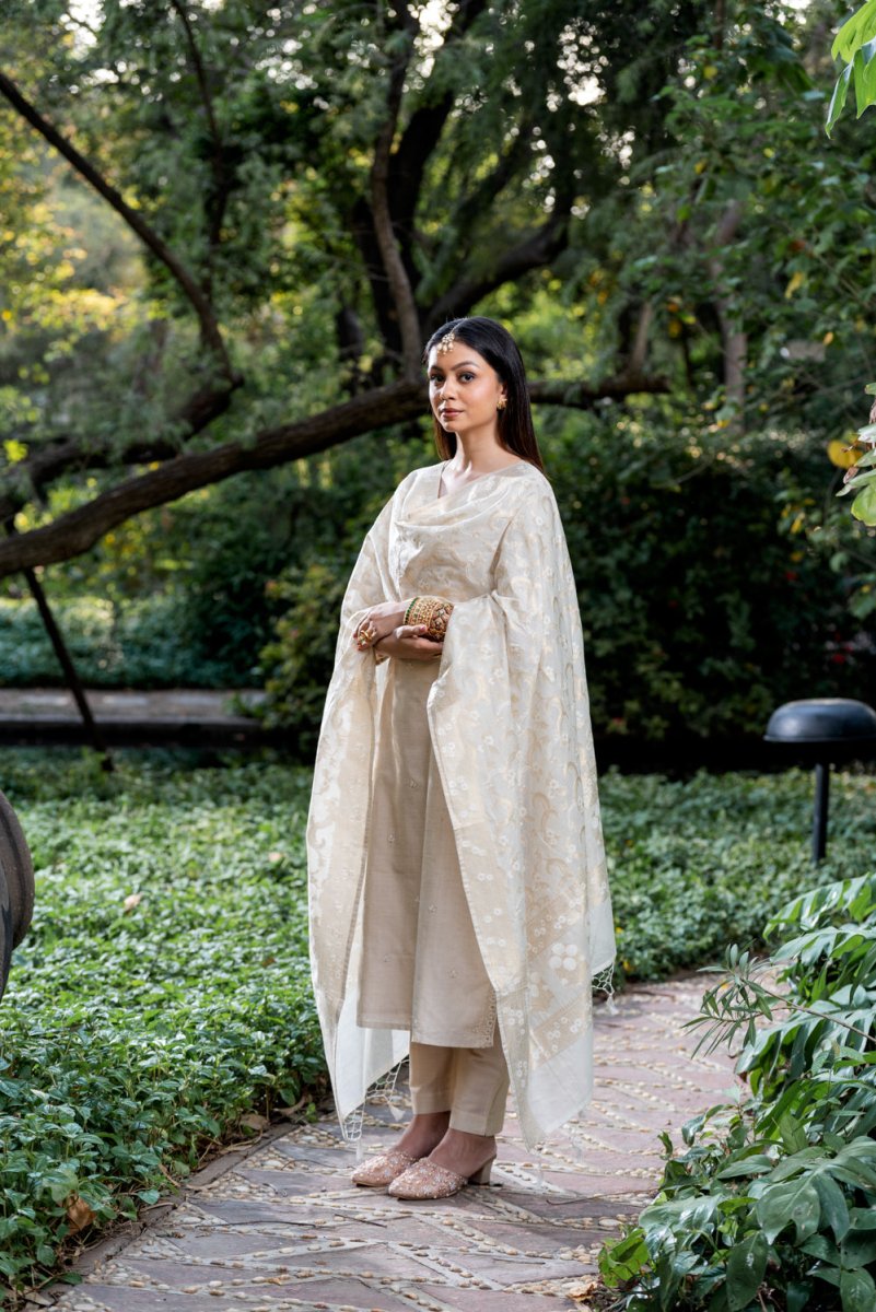 Cream Khadi Silk Suit Set - Payal