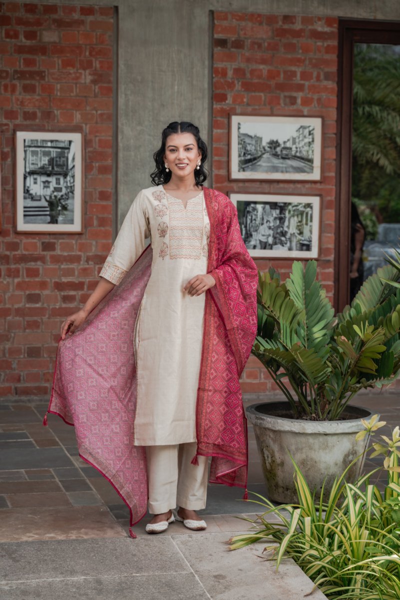 Cream Silk Festive Suit Set - Payal