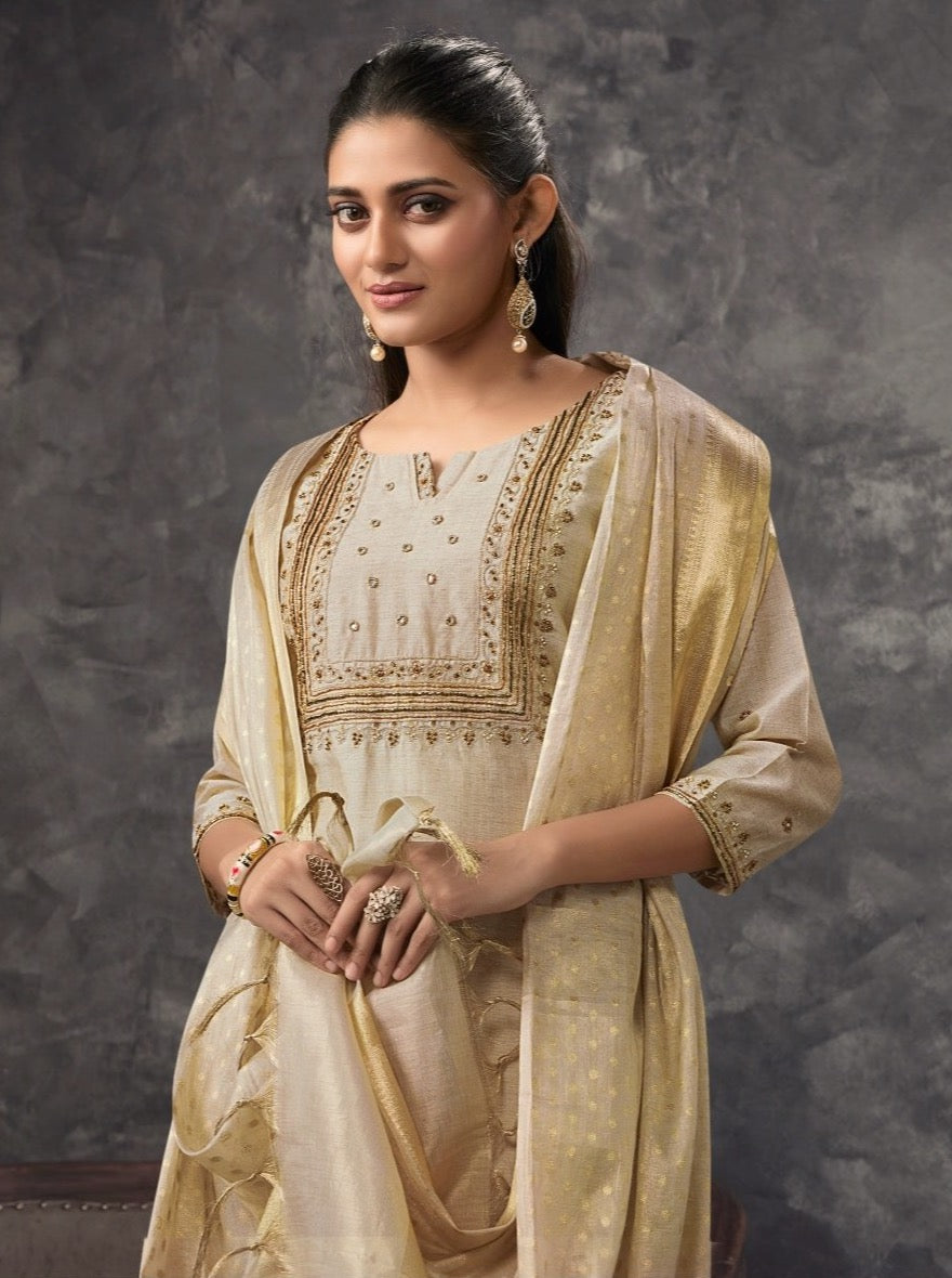 Cream Tusser Straight Cut Suit Set - Payal