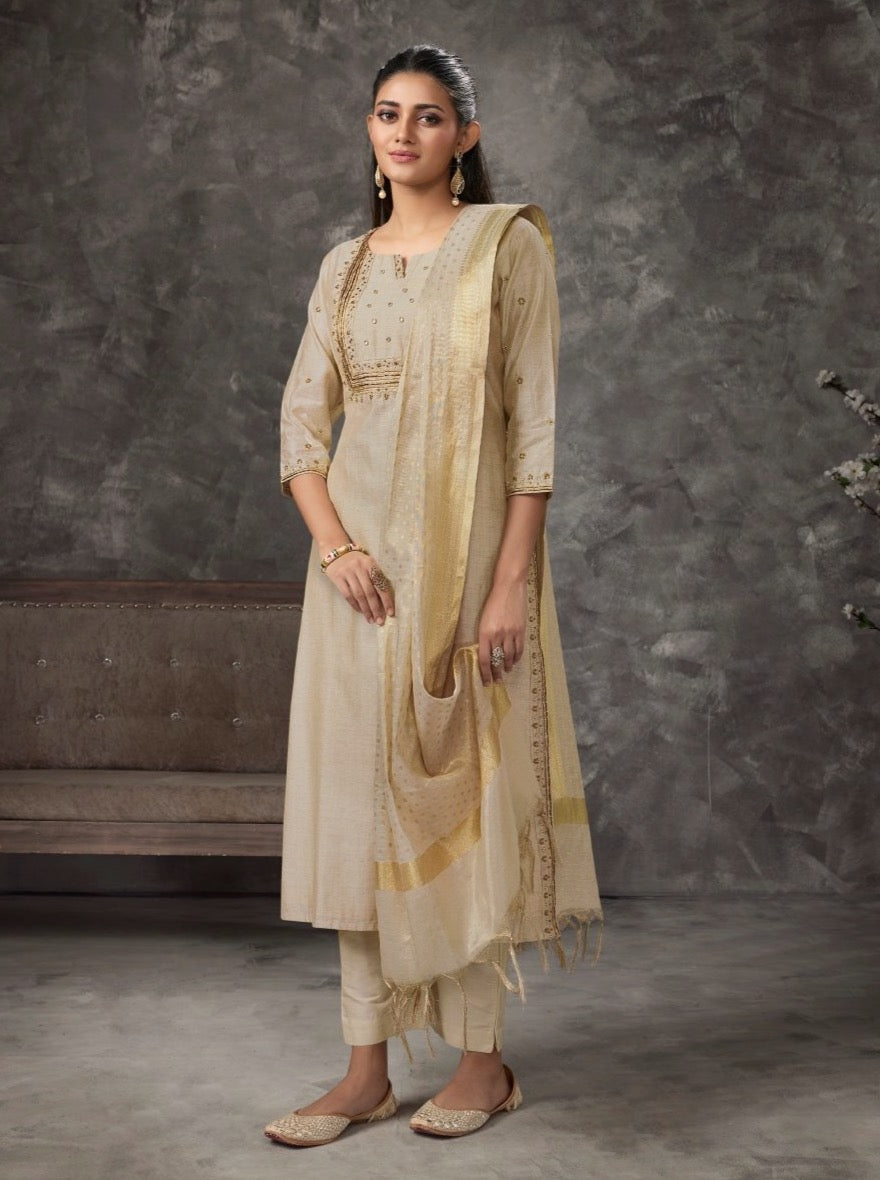 Cream Tusser Straight Cut Suit Set - Payal