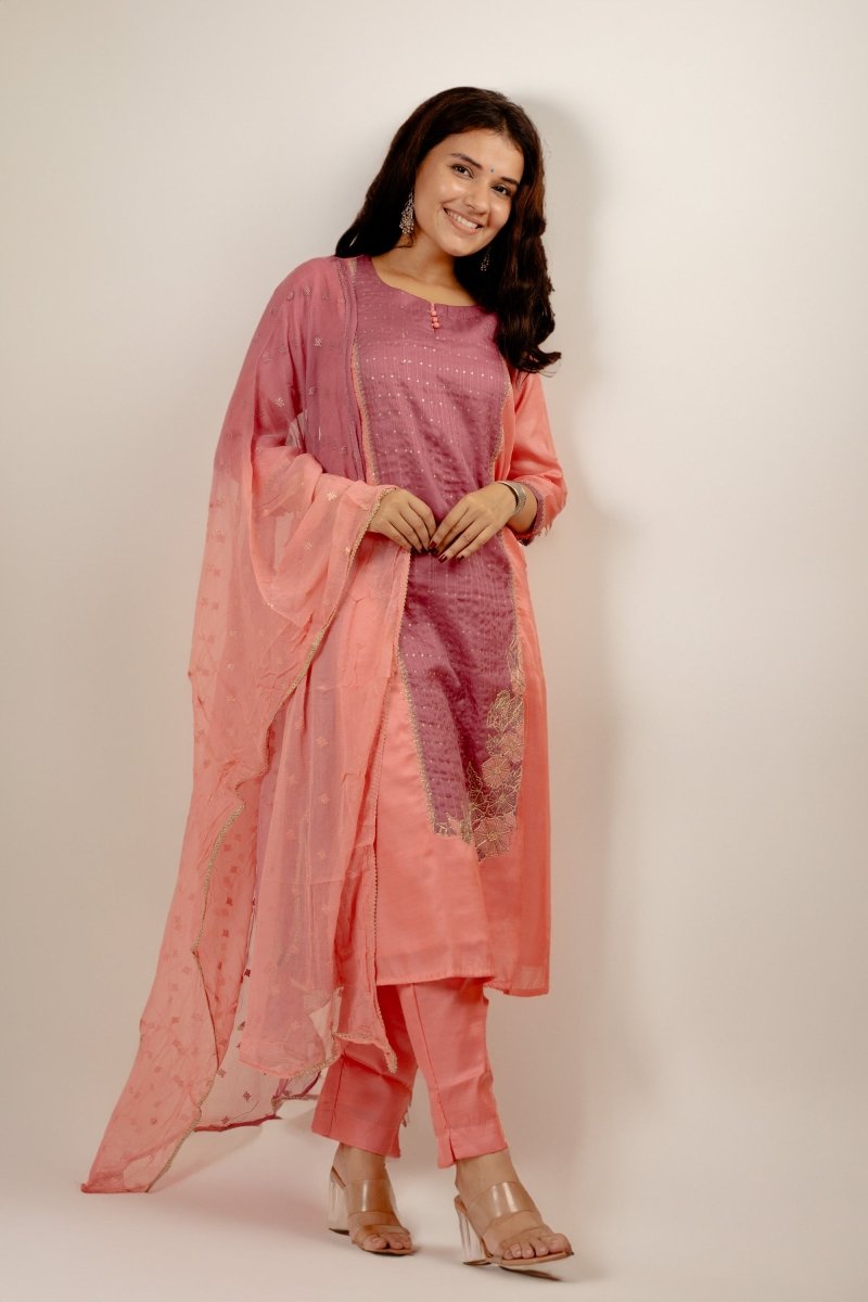 Green Linen Satin Aline Suit Set - Payal