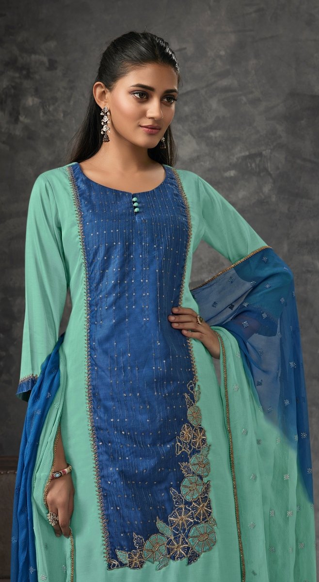 Green Linen Satin Aline Suit Set - Payal