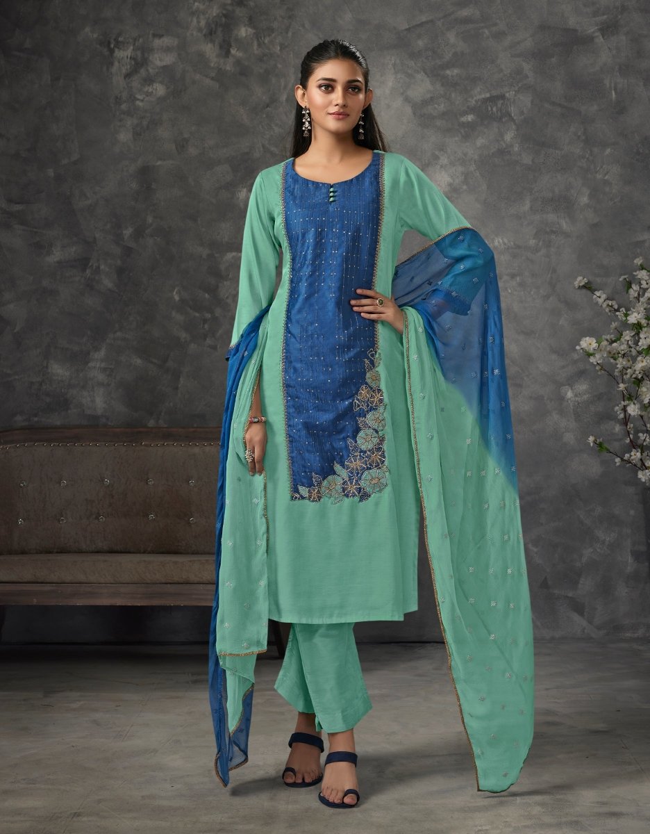 Green Linen Satin Aline Suit Set - Payal