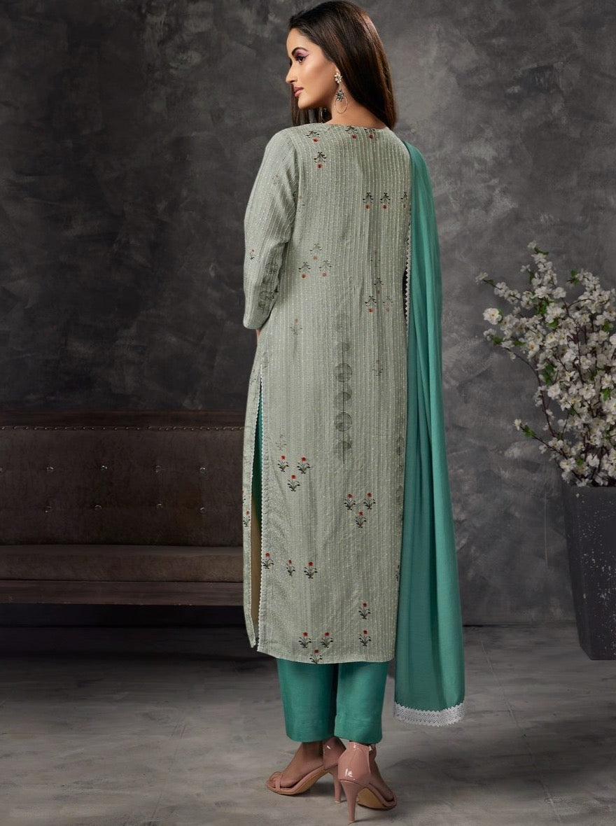 Green Muslin Straight Cut Suit Set - Payal