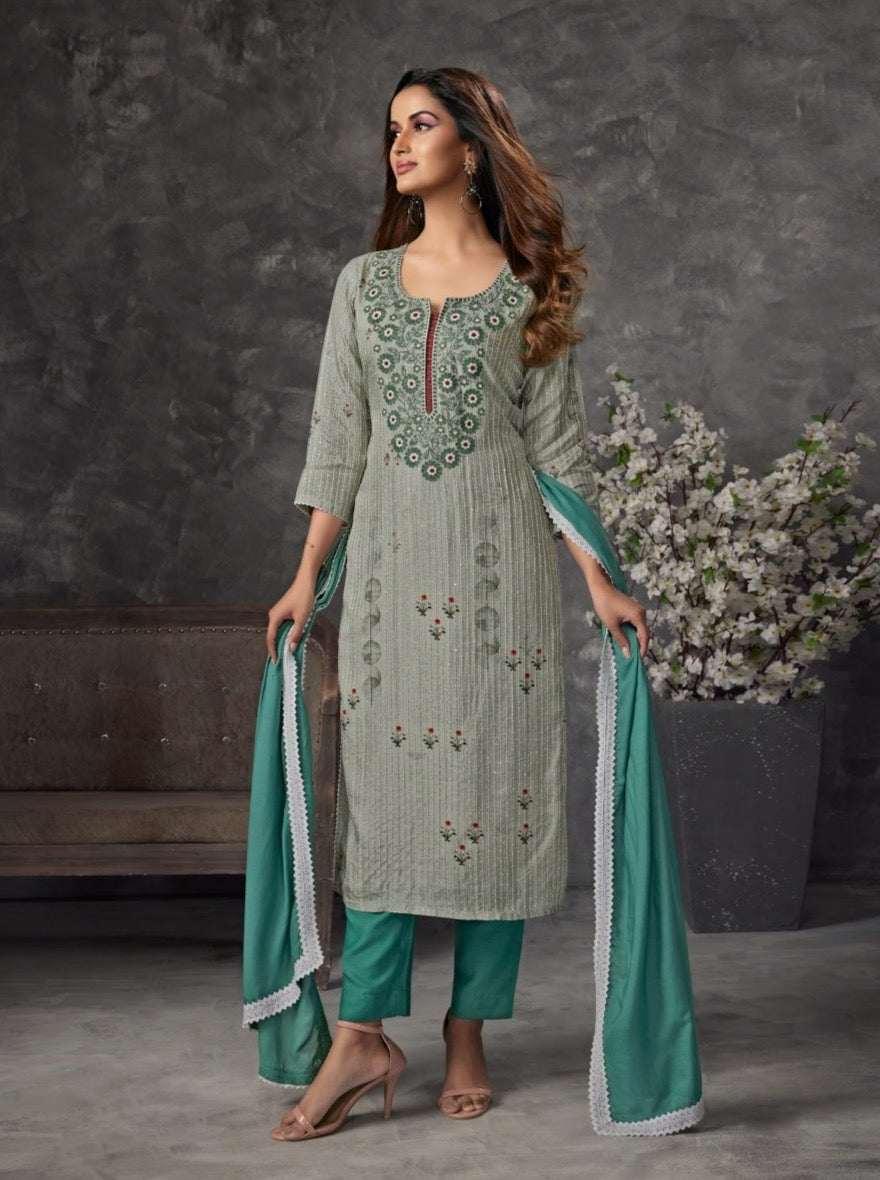 Green Muslin Straight Cut Suit Set - Payal