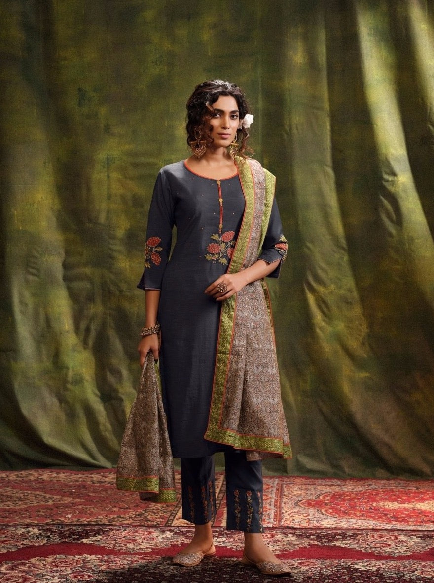 Grey Chanderi Straight Cut Suit Set - Payal