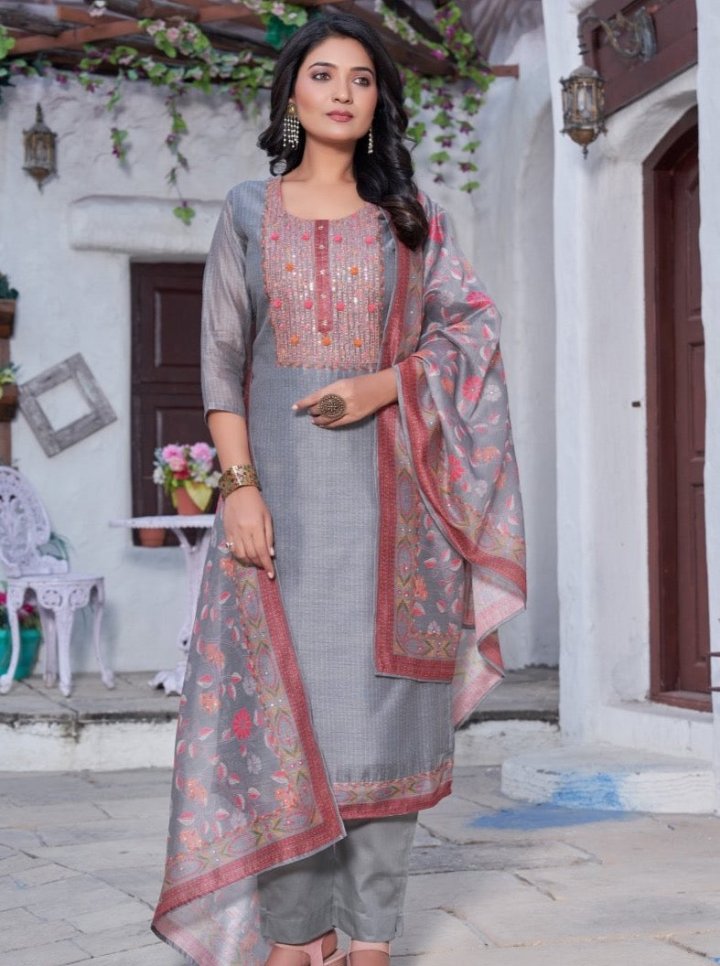 Grey Chanderi Straight Suit Set - Payal