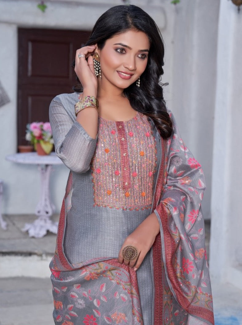 Grey Chanderi Straight Suit Set - Payal