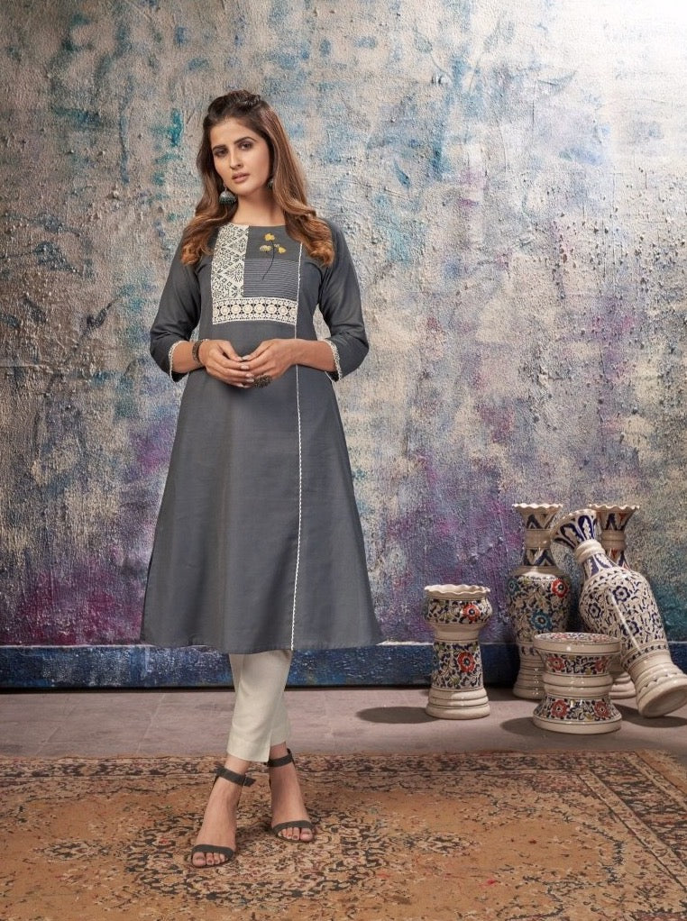 Grey Cotton A-Line Kurti - Payal