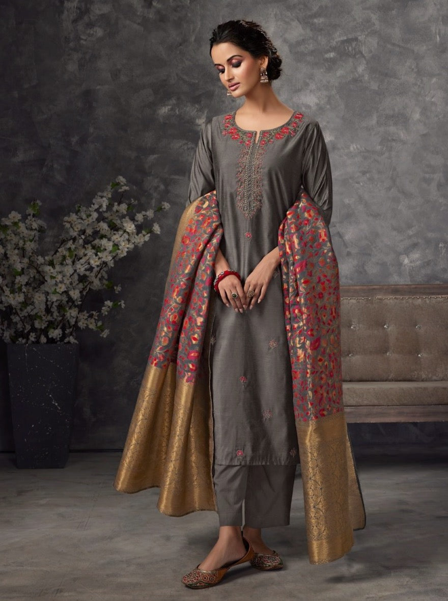 Grey Cotton Straight Cut Suit Set - Payal