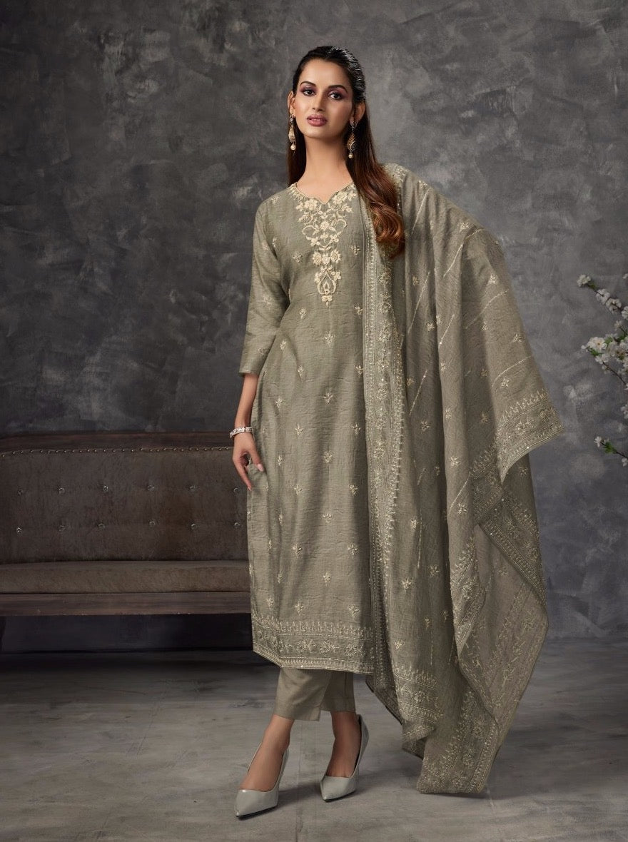 Grey Cotton Straight Cut Suit Set - Payal