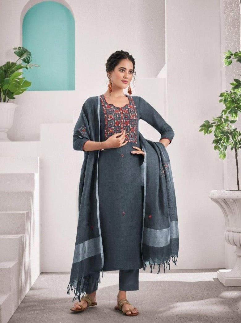 Grey linen Suit Set with handwork - Payal