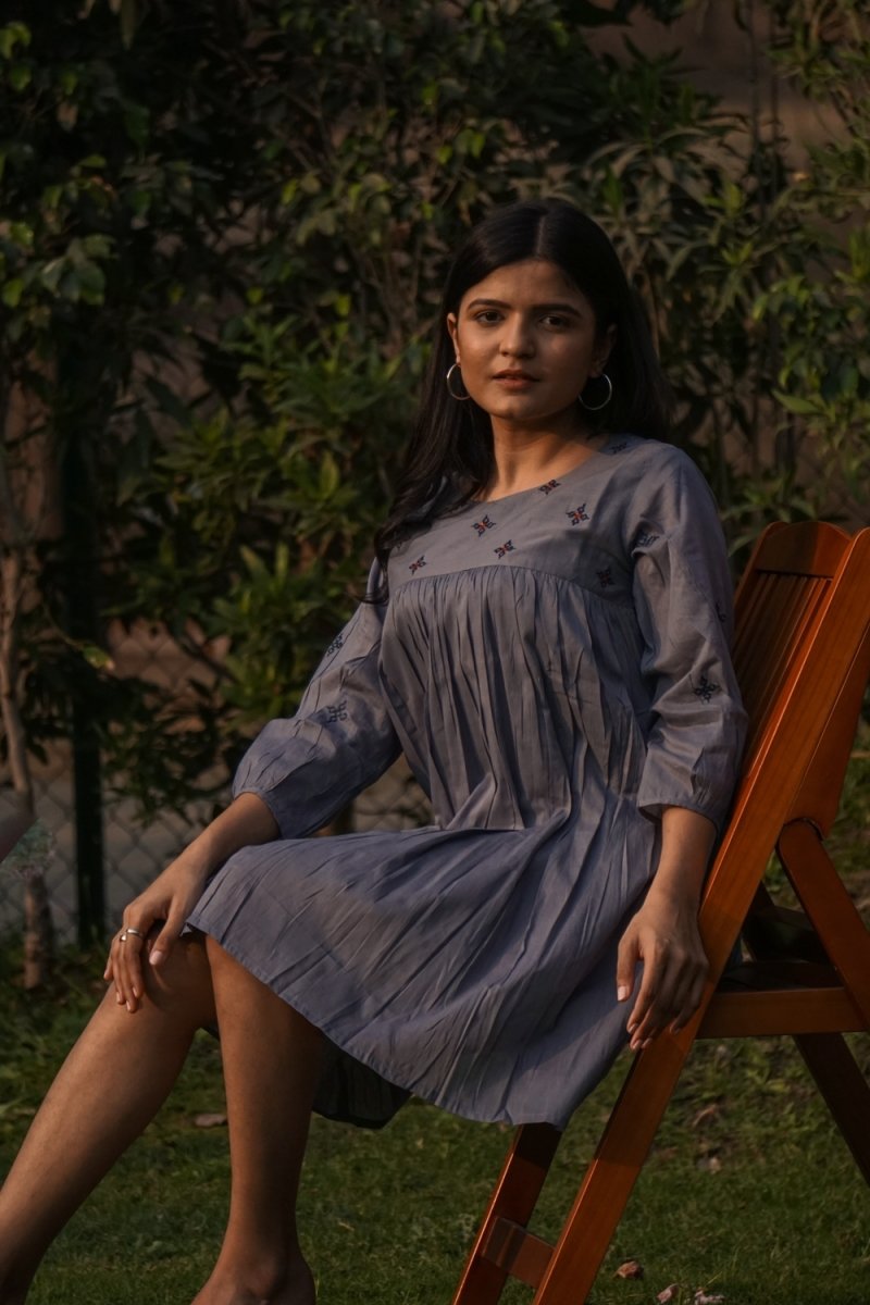 Grey Mul Cotton Flared Kurti Dress - Payal