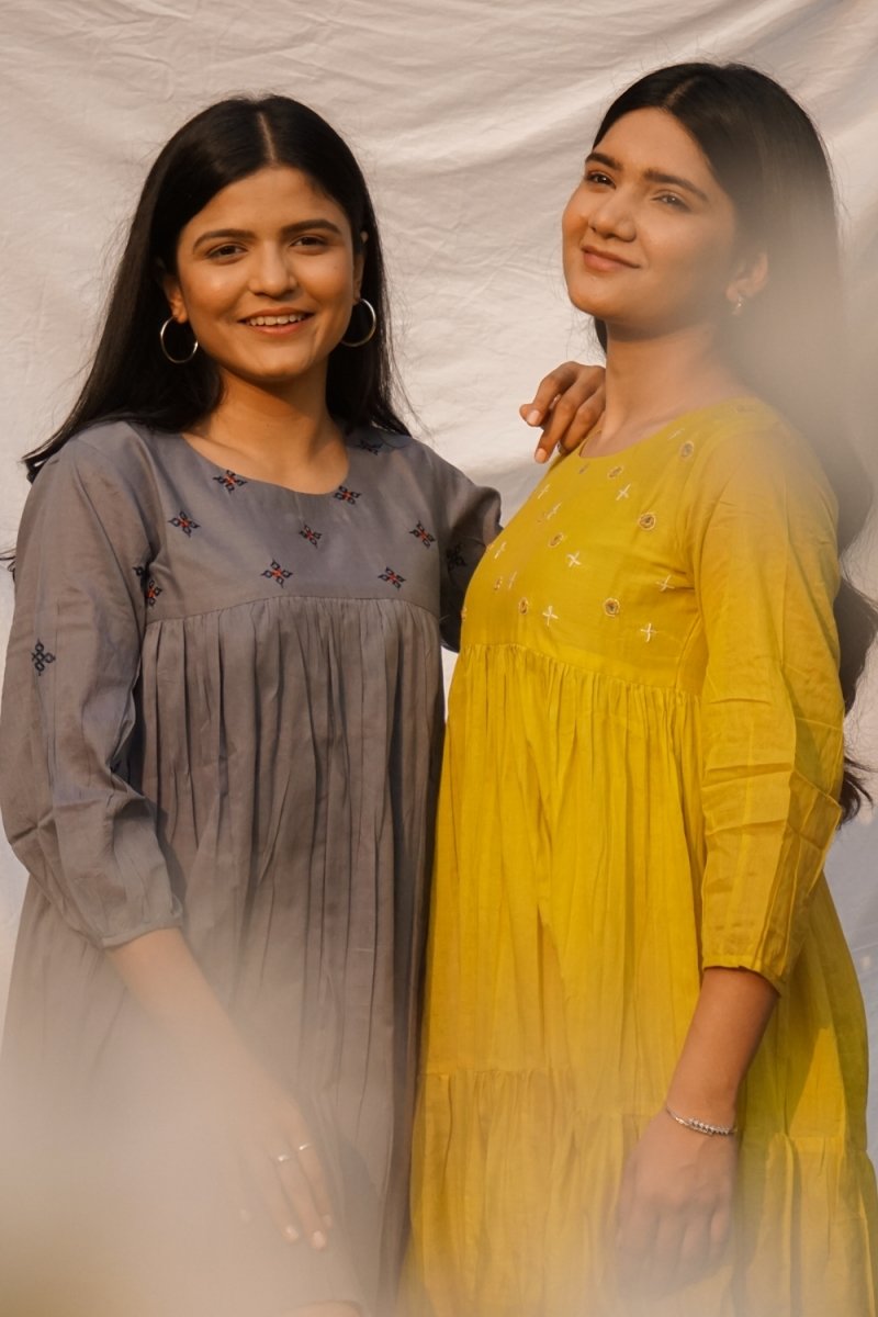 Grey Mul Cotton Flared Kurti Dress - Payal