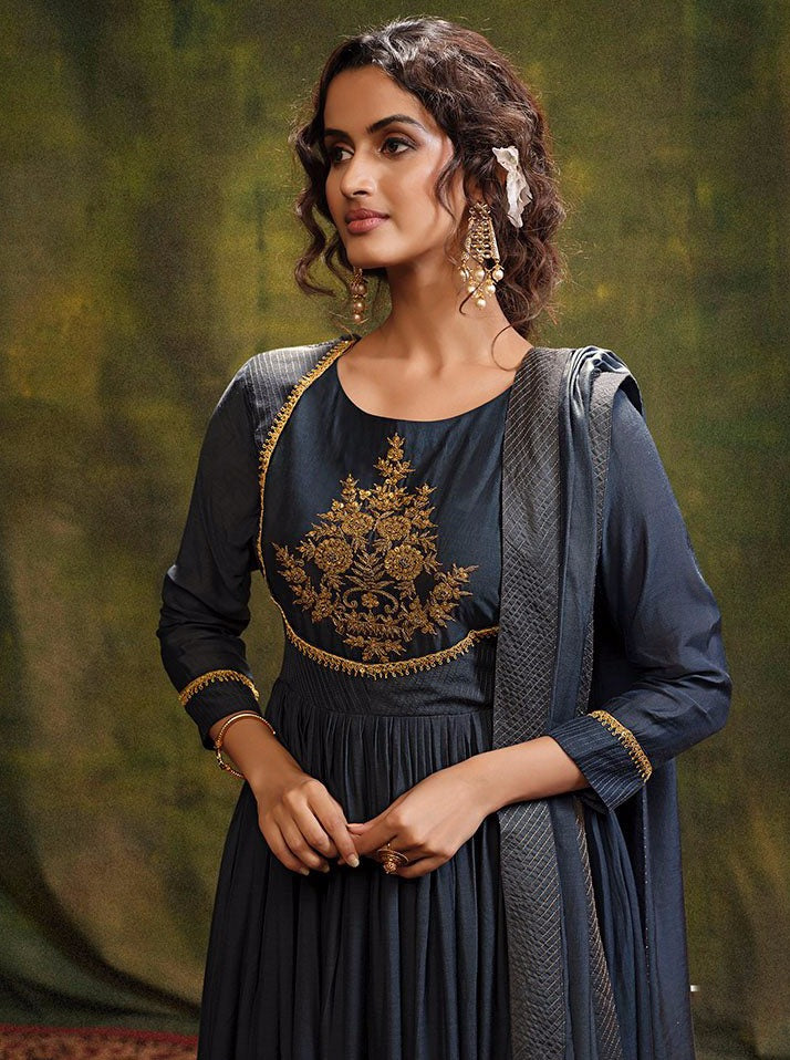 Grey Muslin Aline Suit Set - Payal