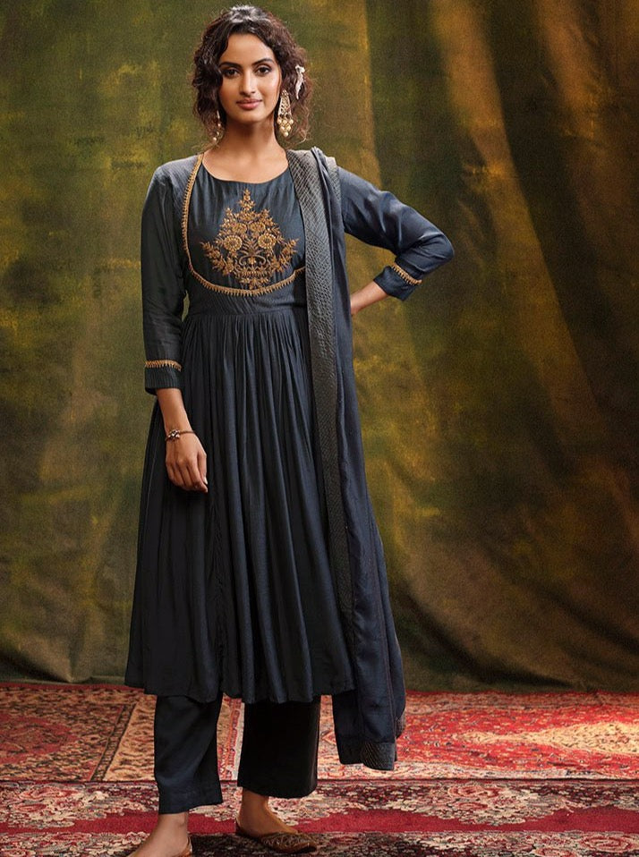 Grey Muslin Aline Suit Set - Payal