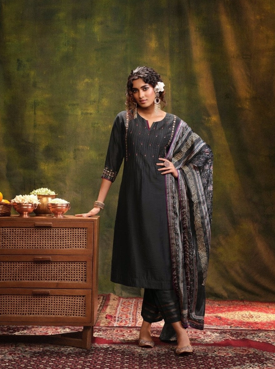 Grey Poly silk Aline Festive Suit Set - Payal