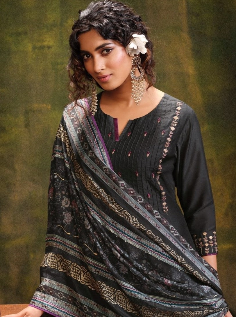 Grey Poly silk Aline Festive Suit Set - Payal