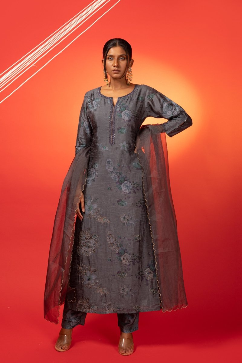 Grey Silk Printed Festive Suit Set - Payal
