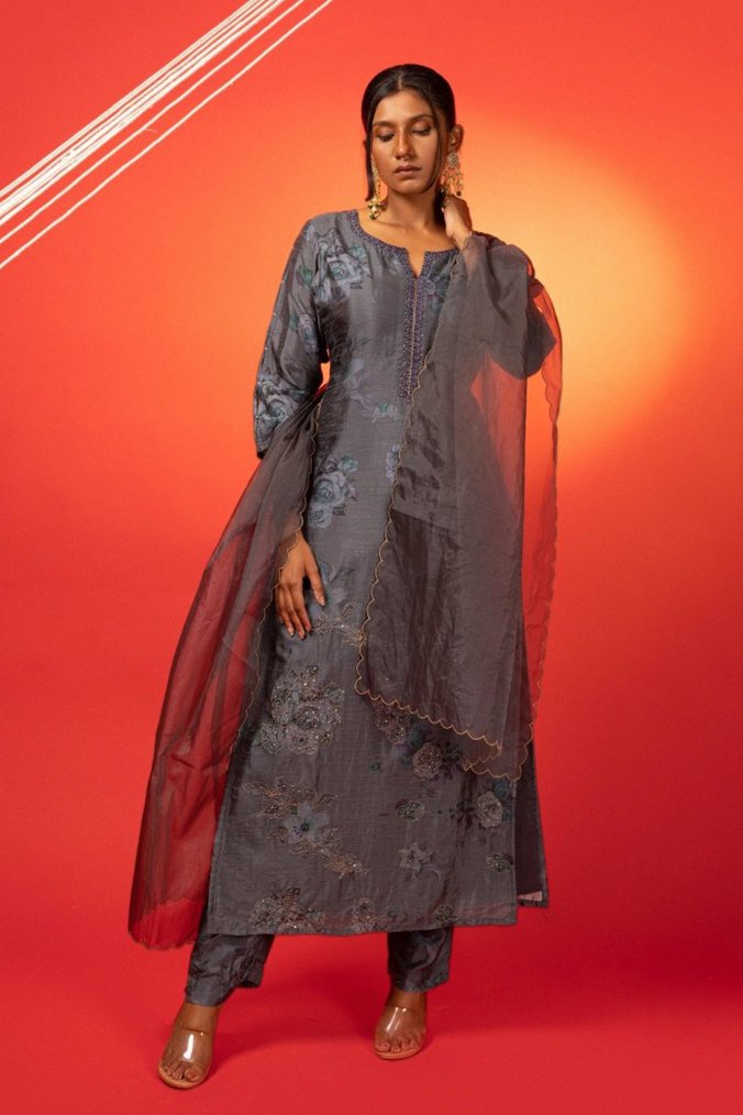 Grey Silk Printed Festive Suit Set - Payal
