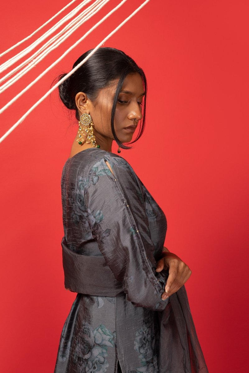 Grey Silk Printed Festive Suit Set - Payal