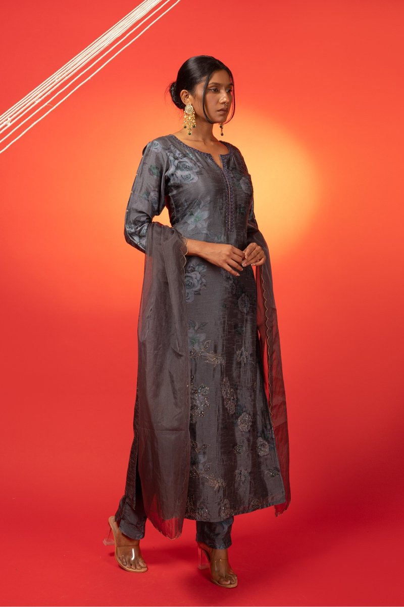 Grey Silk Printed Festive Suit Set - Payal