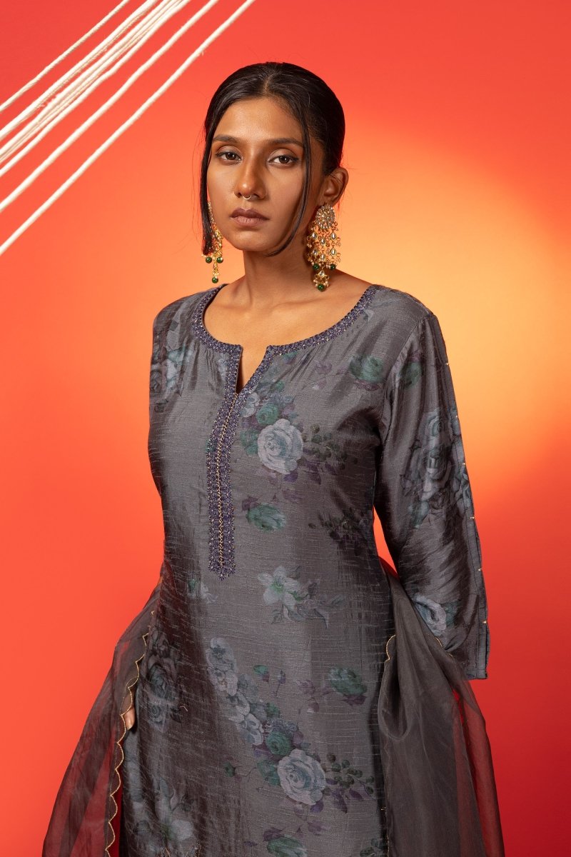 Grey Silk Printed Festive Suit Set - Payal