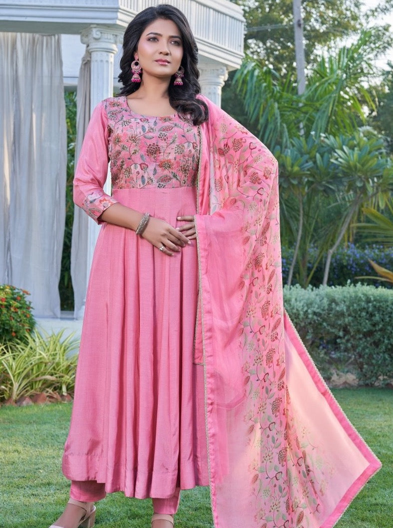 Light Cherry Muslin Flared Wedding Suit Set - Payal