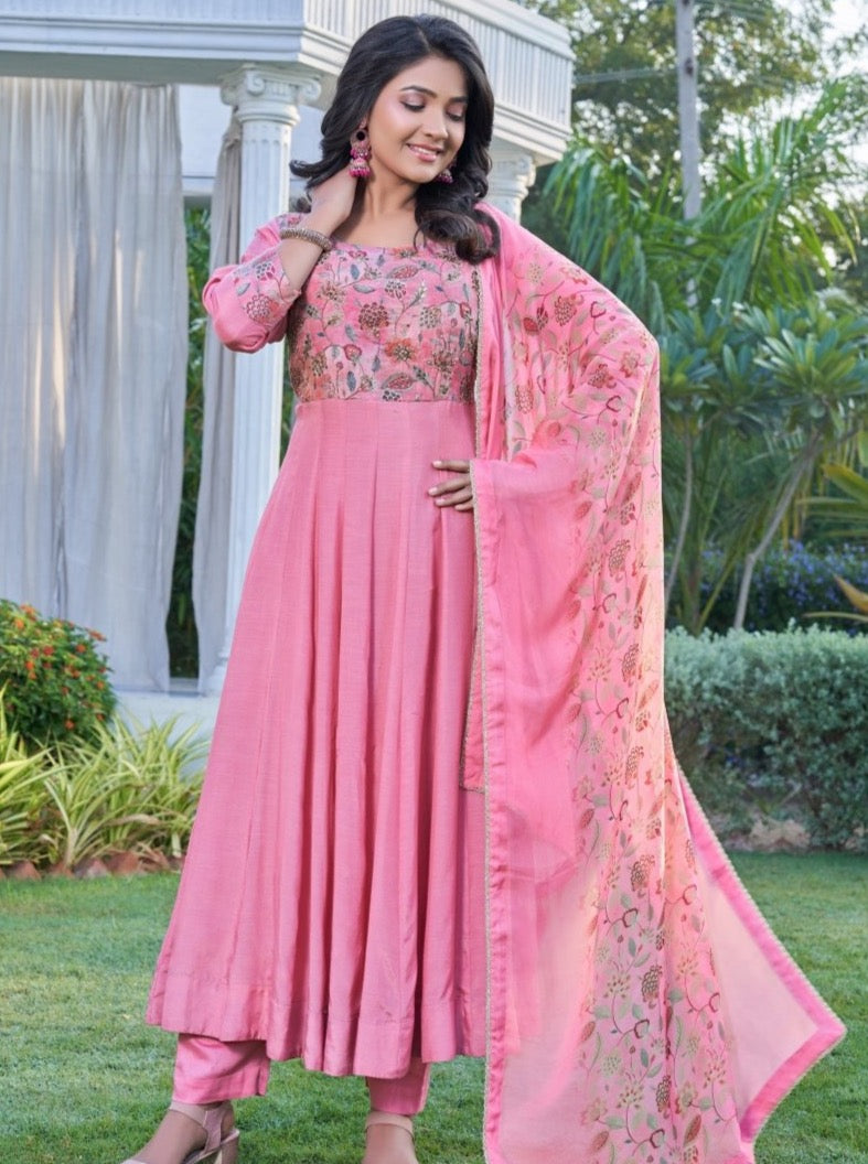 Light Cherry Muslin Flared Wedding Suit Set - Payal