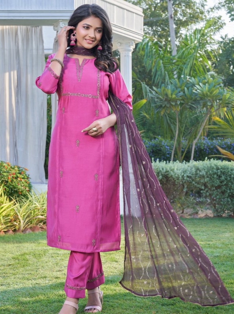 Magenta Chanderi Straight Party Wear Suit Set - Payal