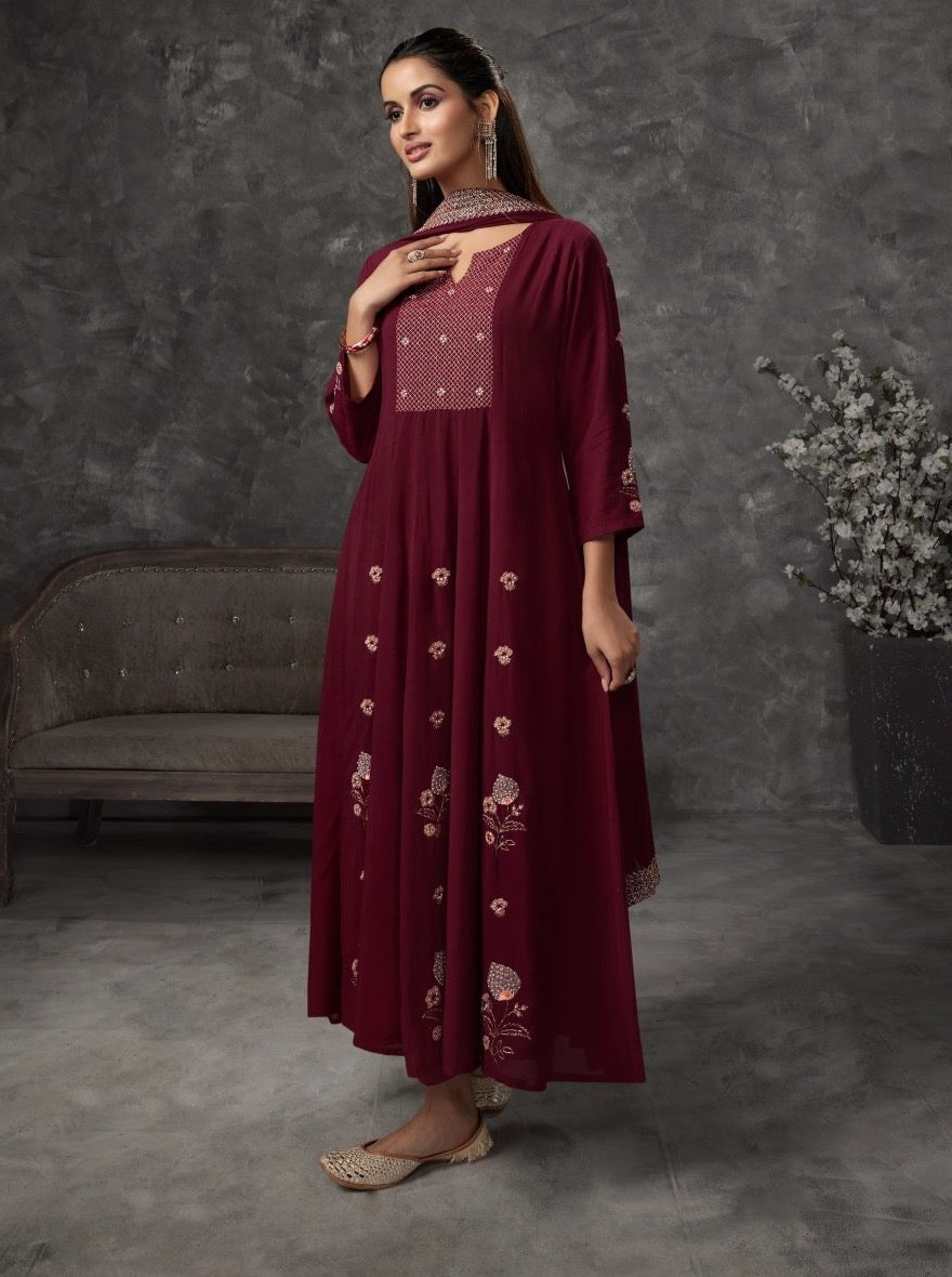 Maroon Muslin Aline Suit Set - Payal
