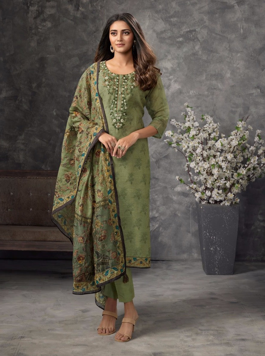 Mehandi Cotton Straight Cut Suit Set - Payal