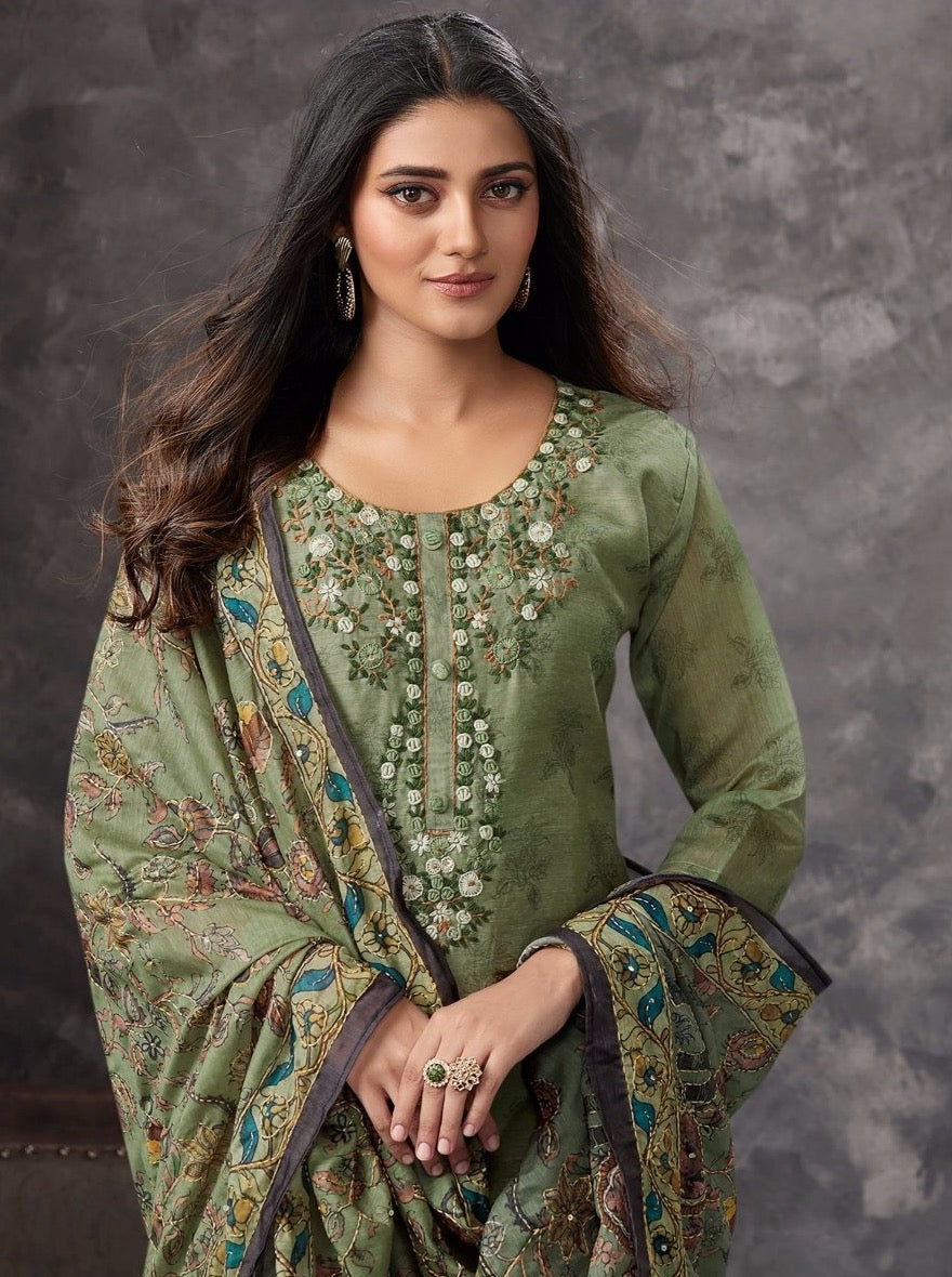 Mehandi Cotton Straight Cut Suit Set - Payal