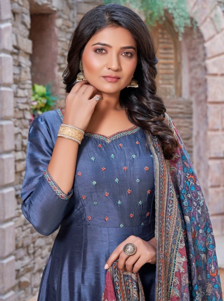 Navy Blue Dola Silk Anarkali Gown With Dupatta - Payal