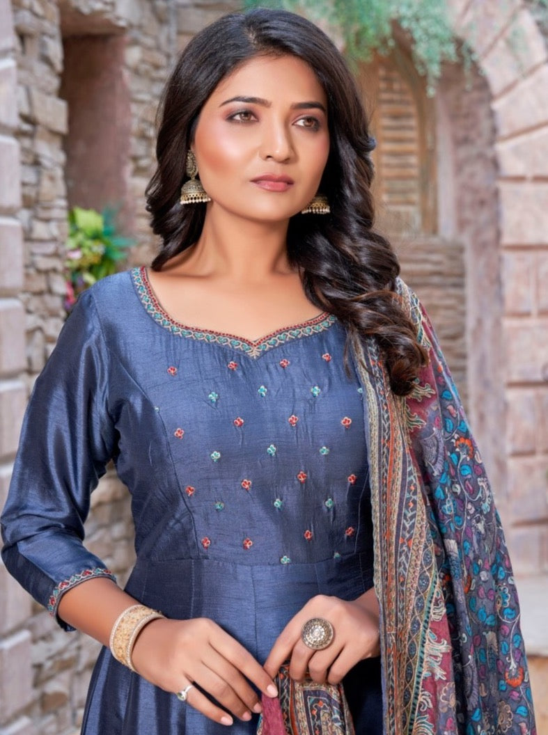 Navy Blue Dola Silk Anarkali Gown With Dupatta - Payal