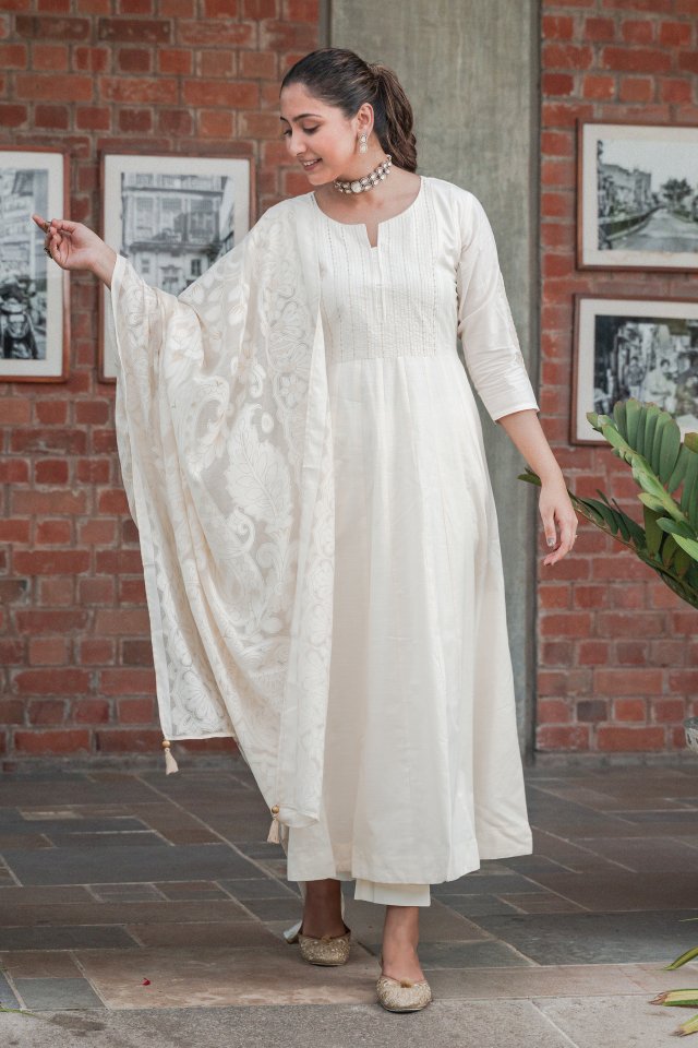Off White Cotton flared Suit Set - Payal