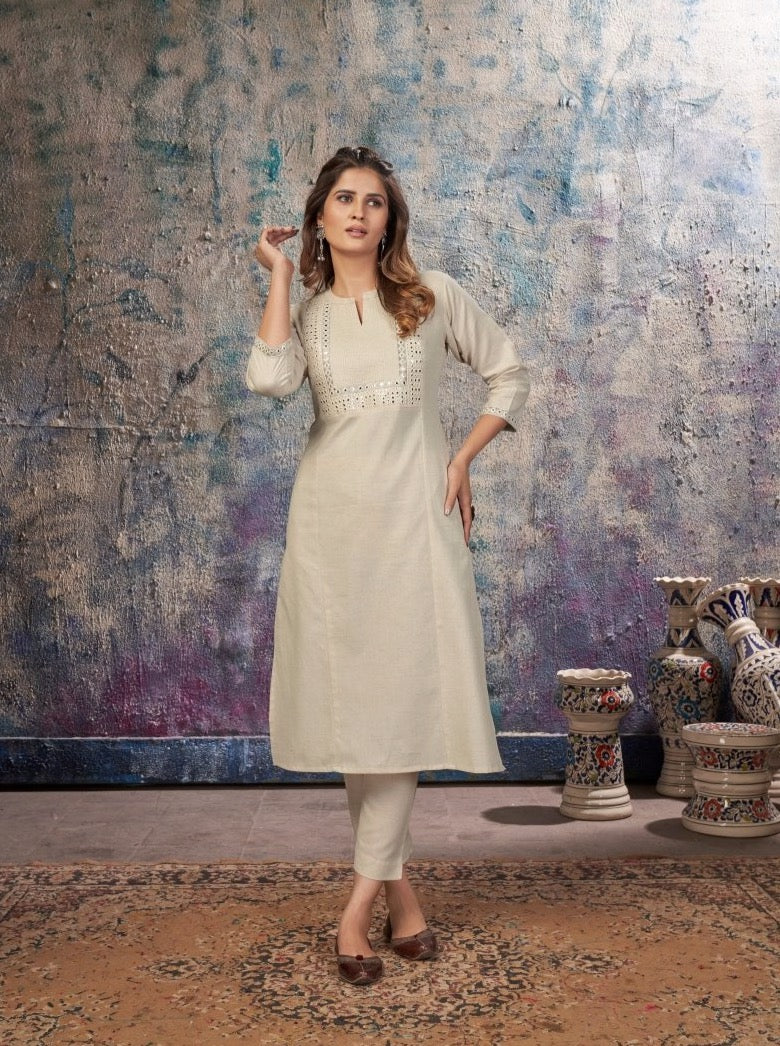 Off-white Cotton Flax A-Line Kurti - Payal