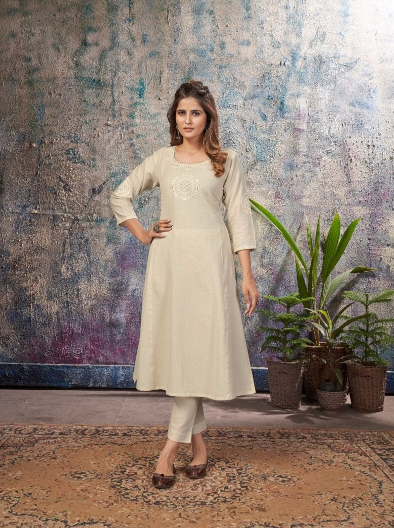 Off-white Cotton Flax Casual Kurti - Payal