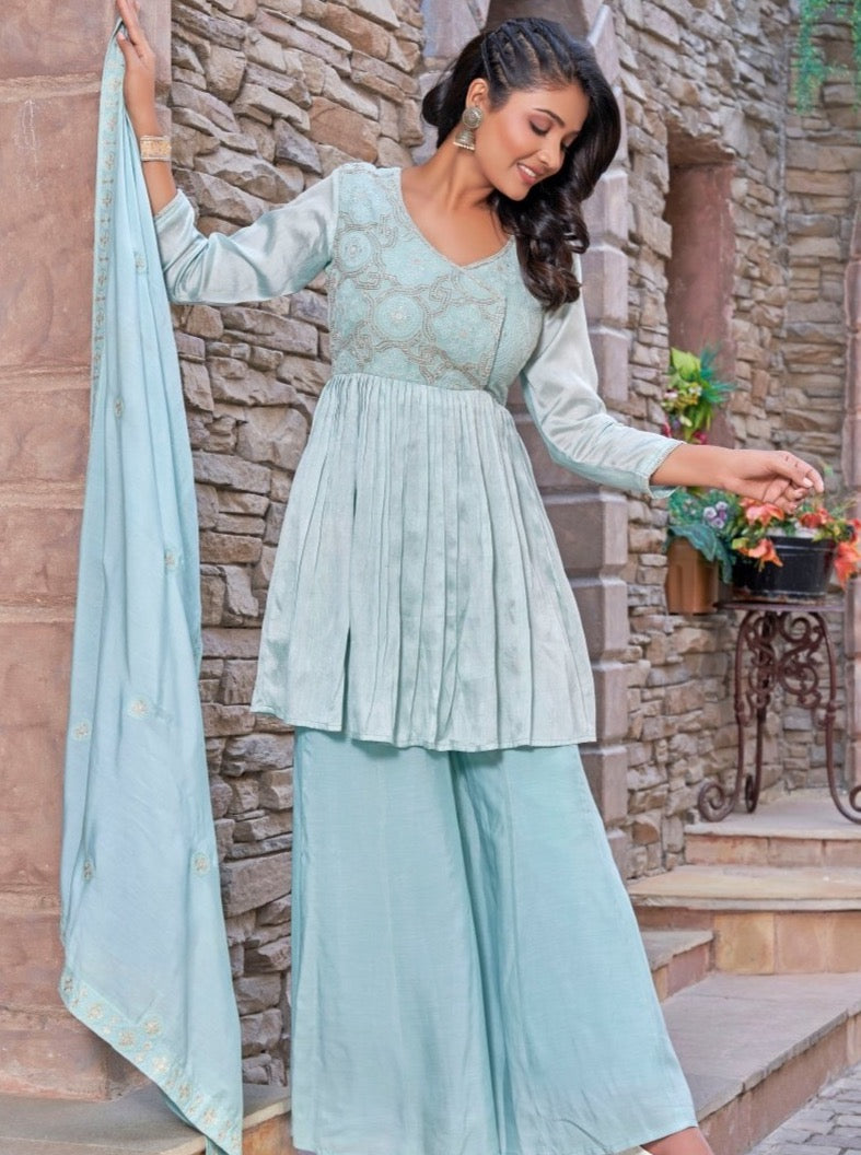 Pastel Blue Muslin Party Wear Suit Set - Payal