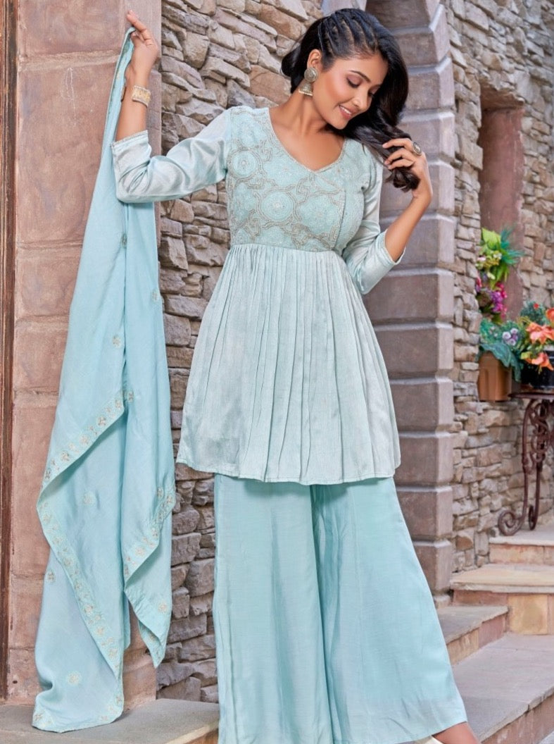 Pastel Blue Muslin Party Wear Suit Set - Payal